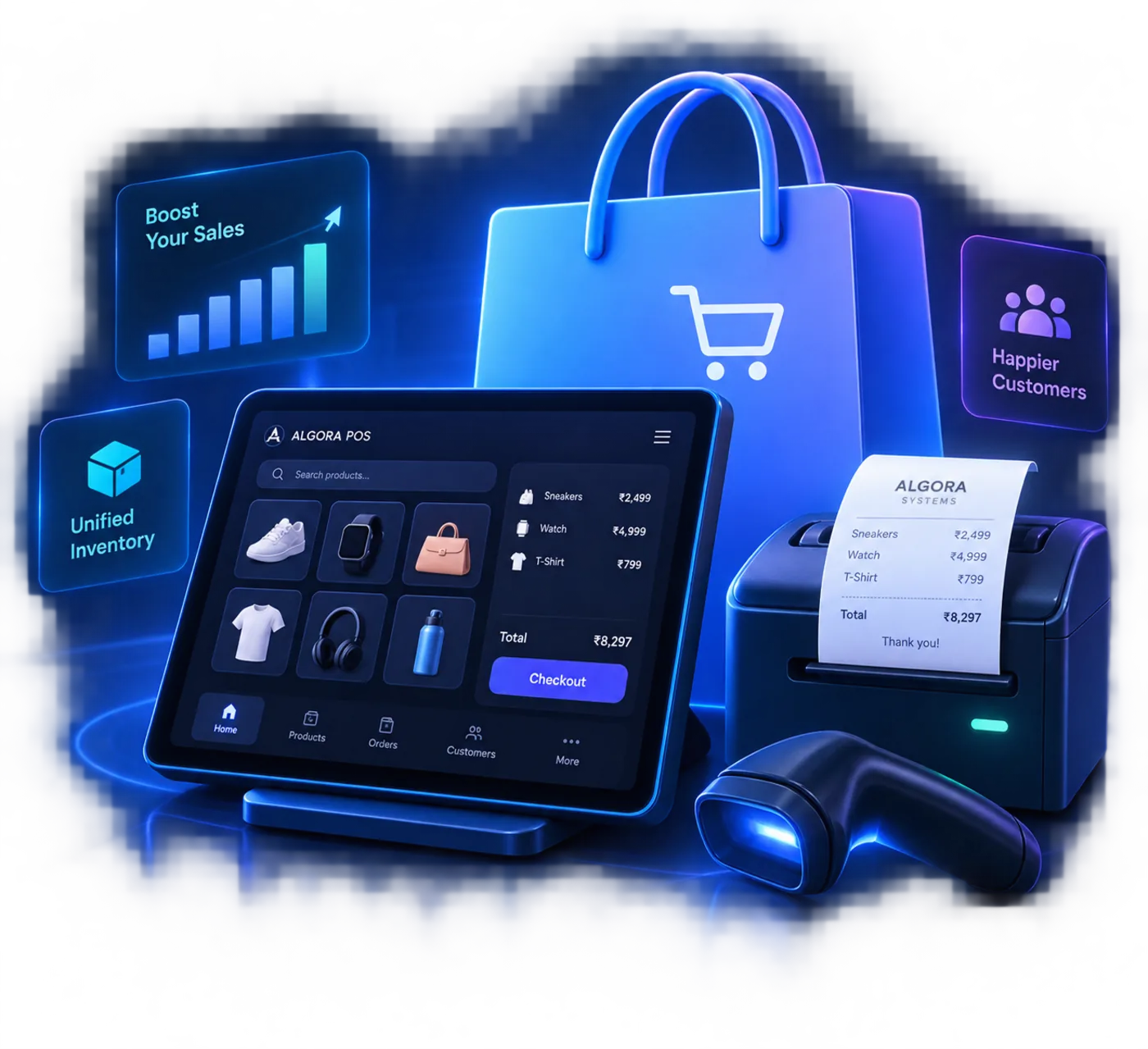 Omnichannel Retail ERP & High-Speed POS System — product interface and hardware
