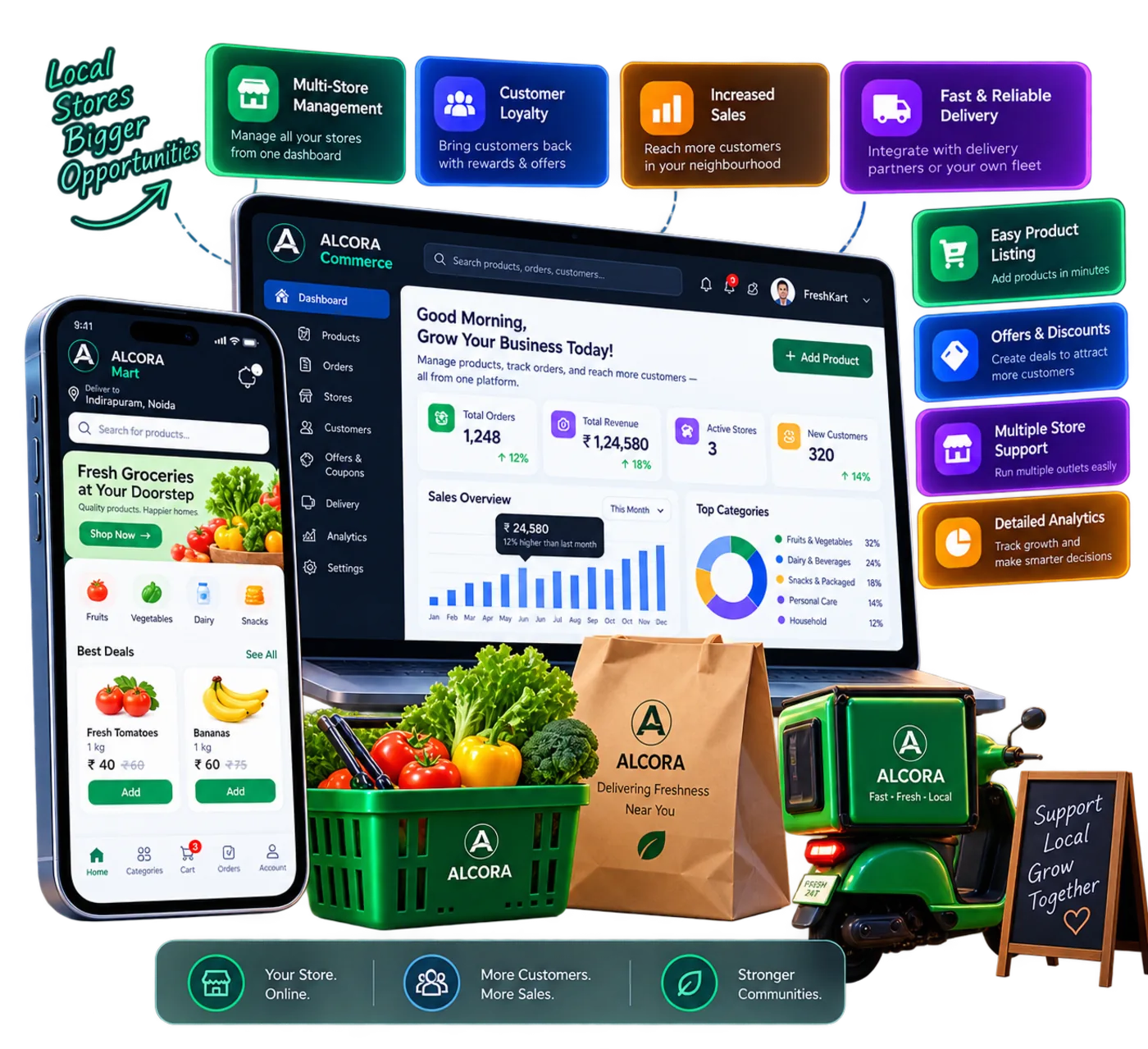 Independent Quick Commerce Apps for Neighbourhood Grocery Stores — product interface and hardware