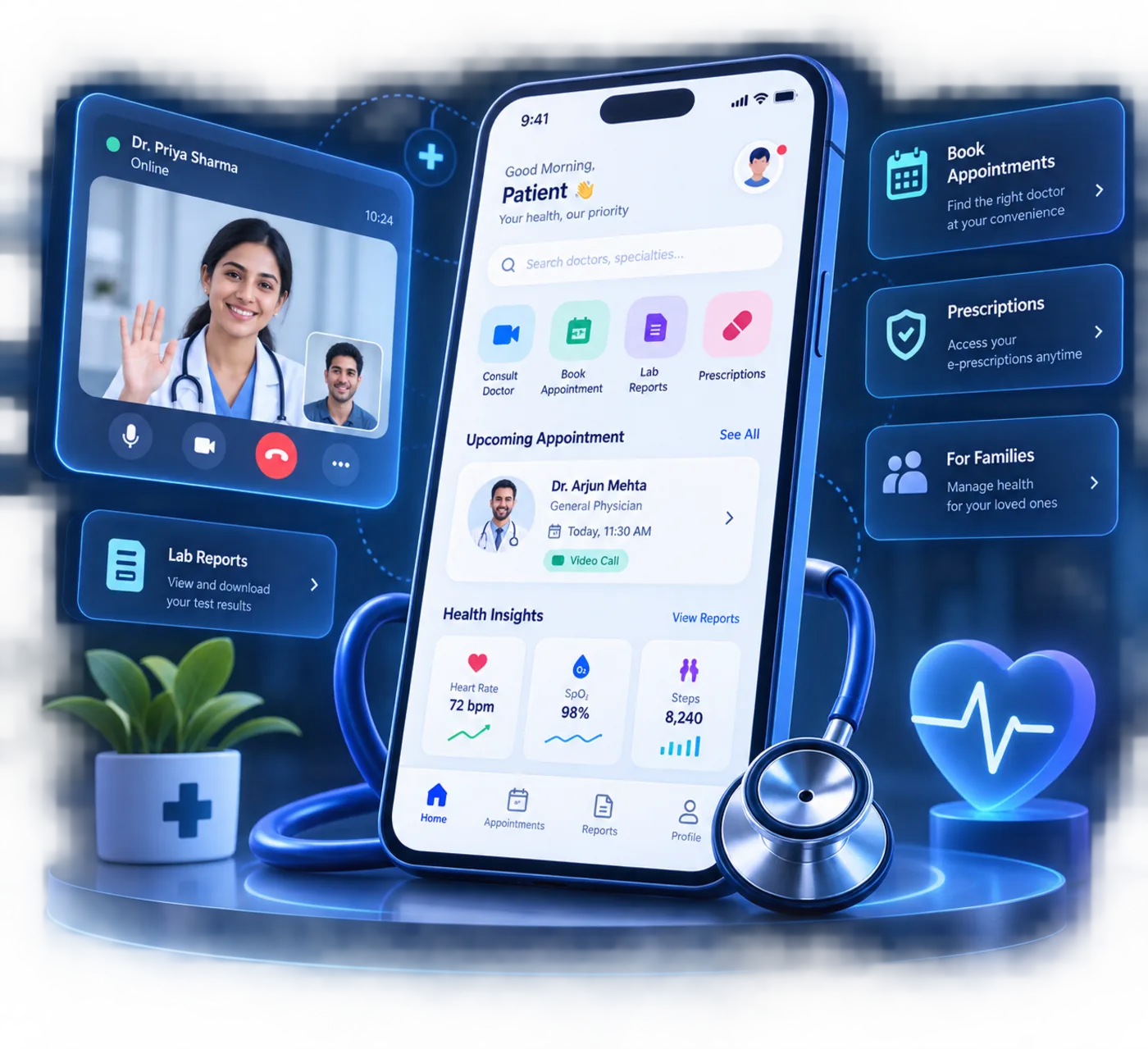 Telemedicine App & Diagnostic Lab Booking Portal with Automated Report Delivery — product interface and hardware